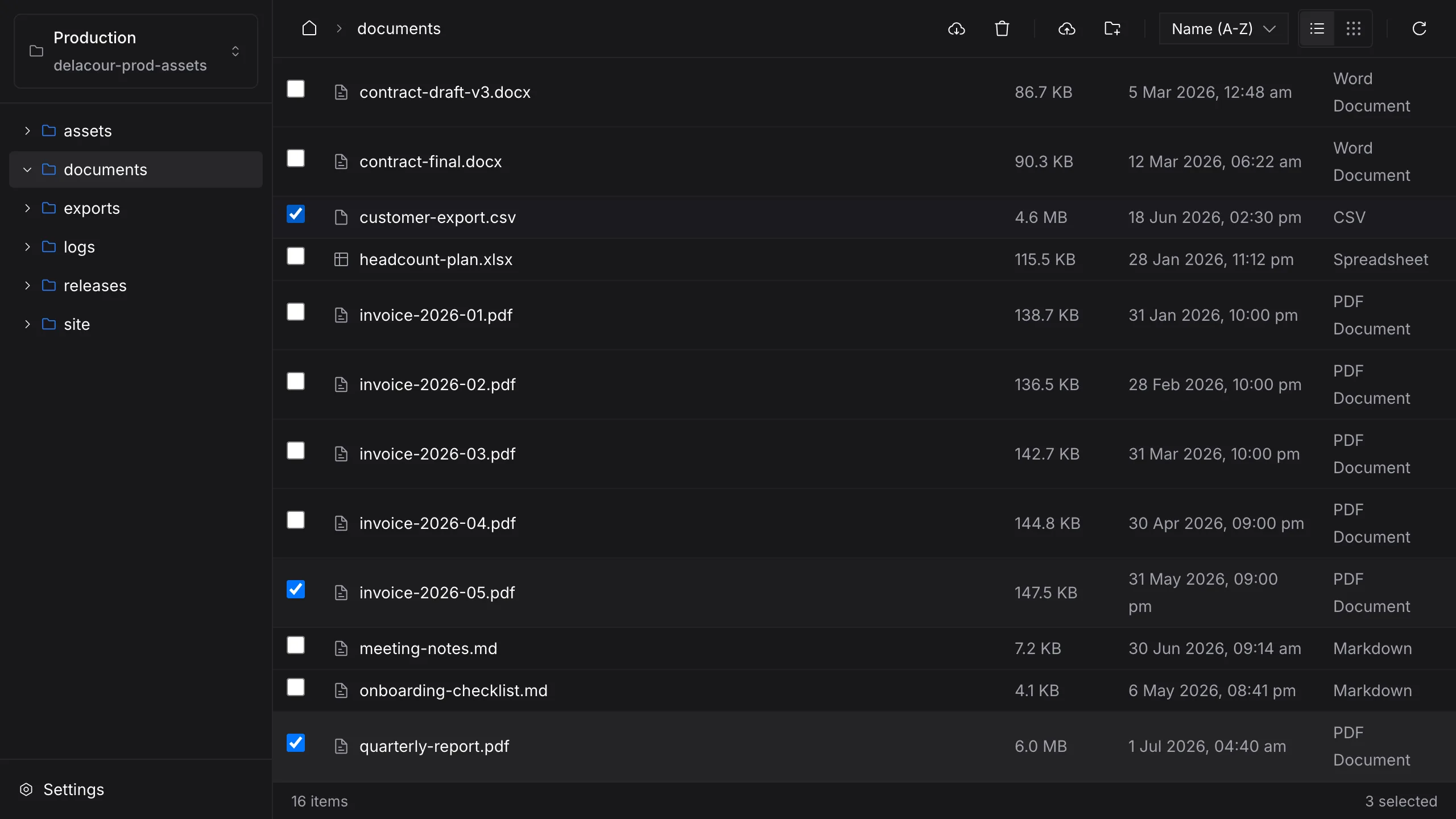 Three files selected in Nimbus with download and delete actions in the toolbar